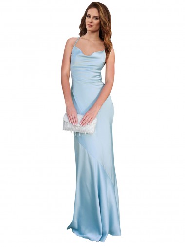 Comprar Bainha Decote Capuz Cetim Sedoso Comprimento Chão Azul Céu Claro Vestidos de Madrinha / Vestidos de Noite / Vestidos de Festa