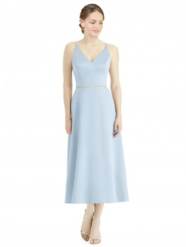 Comprar Linha A Decote V Cetim Comprimento Chá Azul Céu Claro Vestidos de Madrinha