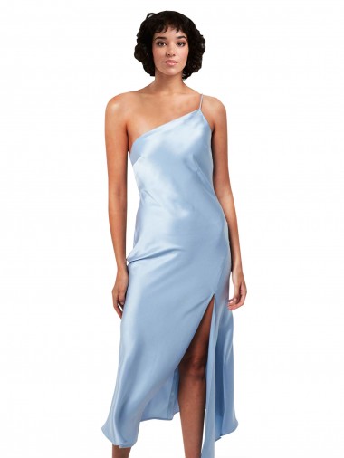 Comprar Linha A Um Ombro Cetim Sedoso Comprimento Midi Azul Céu Claro Vestidos de Madrinha / Vestidos de Noite / Vestidos de Festa / Vestidos de Cocktail / Vestidos de Homecoming