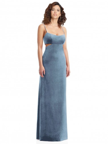 Comprar Bainha Decote Quadrado Veludo Elástico Comprimento Chão Azul Empoeirado Vestidos de Madrinha / Vestidos de Noite / Vestidos de Festa