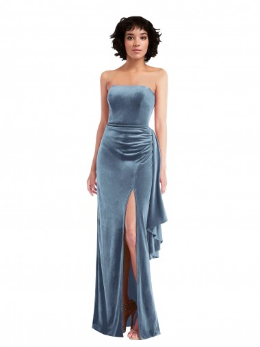 Comprar Bainha Sem alças Veludo Elástico Comprimento Chão Azul Empoeirado Vestidos de Madrinha / Vestidos de Noite / Vestidos de Festa