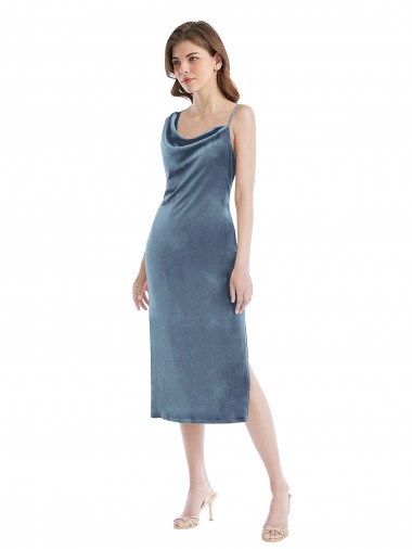 Comprar Bainha Um Ombro Veludo Elástico Comprimento Chão Azul Empoeirado Vestidos de Madrinha / Vestidos de Festa