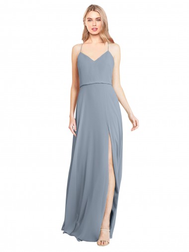 Comprar Linha A Fora do Ombro Chiffon Comprimento Chão Azul Empoeirado Abrir de volta Longo Vestidos de Madrinha