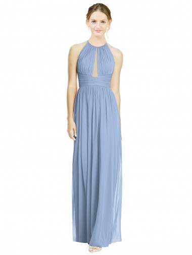 Comprar Linha A Cabeçada Chiffon Comprimento Chão Azul Empoeirado Vestidos de Madrinha Vestidos de Baile