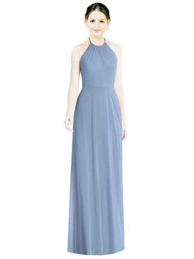 Comprar Linha A Cabeçada Chiffon Comprimento Chão Azul Empoeirado Longo Vestidos de Madrinha