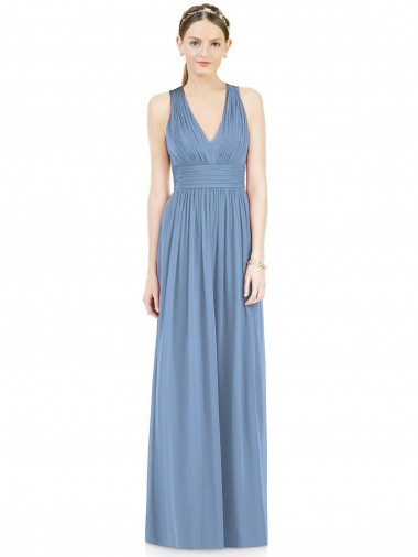Comprar Linha A Decote V Chiffon Comprimento Chão Azul Empoeirado Vestidos de Madrinha