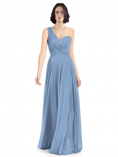 Comprar Linha A Um Ombro Chiffon Comprimento Chão Azul Empoeirado Vestidos de Madrinha