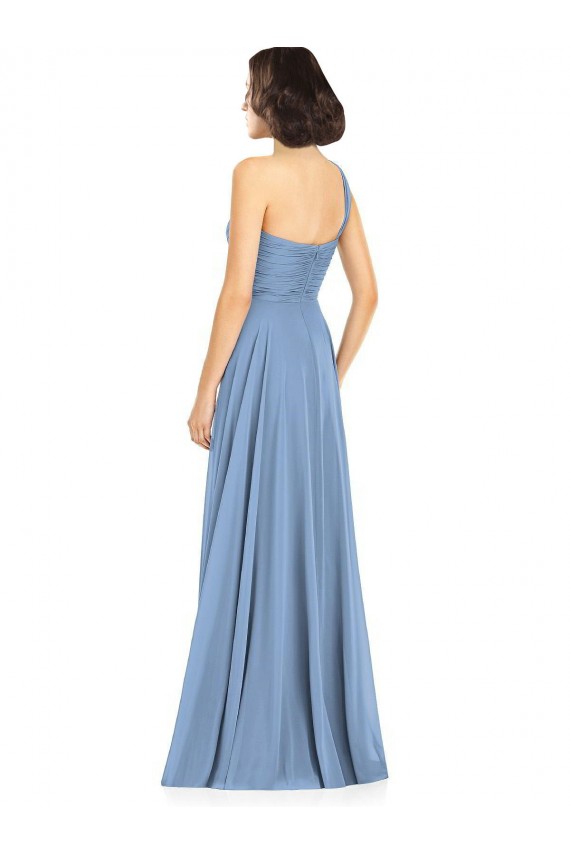 Comprar Linha A Um Ombro Chiffon Comprimento Chão Azul Empoeirado Vestidos de Madrinha