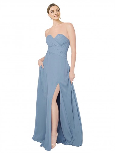 Comprar Linha A Sem alças Chiffon Comprimento Chão Azul Empoeirado Vestidos de Madrinha Vestidos de Baile