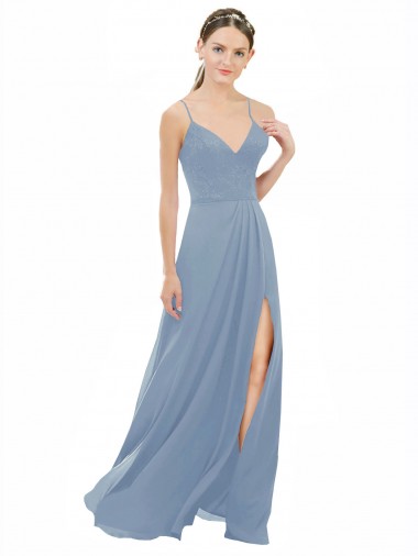Comprar Linha A Decote V Chiffon & Renda Comprimento Chão Azul Empoeirado Vestidos de Madrinha