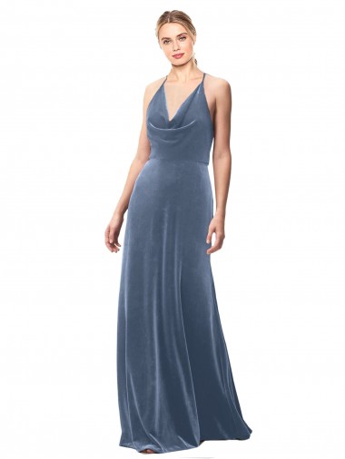 Comprar Linha A Decote Capuz Veludo Elástico Comprimento Chão Azul Empoeirado Vestidos de Madrinha / Vestidos de Festa