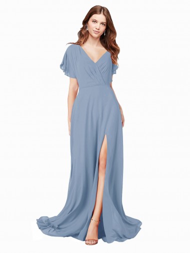 Comprar Linha A Decote V Chiffon Comprimento Chão Azul Empoeirado Vestidos de Madrinha / Vestidos de Festa