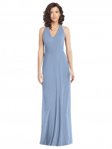 Comprar Trombeta Decote V Chiffon Comprimento Chão Azul Empoeirado Vestidos de Madrinha / Vestidos de Noite