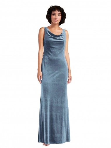 Comprar Bainha Decote Capuz Veludo Elástico Comprimento Chão Azul Empoeirado Vestidos de Madrinha / Vestidos de Festa