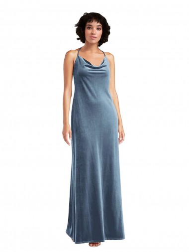 Comprar Bainha Decote Capuz Veludo Elástico Comprimento Chão Azul Empoeirado Sem Mangas Vestidos de Madrinha / Vestidos de Festa