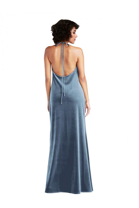 Comprar Bainha Decote Capuz Veludo Elástico Comprimento Chão Azul Empoeirado Sem Mangas Vestidos de Madrinha / Vestidos de Festa