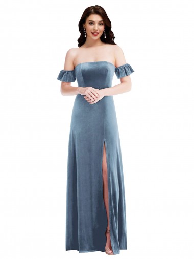 Comprar Linha A Fora do Ombro Veludo Elástico Comprimento Chão Azul Empoeirado Longo Vestidos de Madrinha / Vestidos de Festa