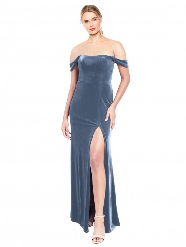 Comprar Linha A Sem alças Veludo Elástico Comprimento Chão Azul Empoeirado Vestidos de Madrinha / Vestidos de Festa
