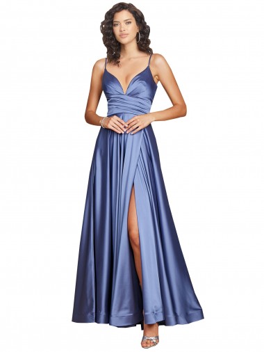 Comprar Linha A Amor Cetim Sedoso Comprimento Chão Azul Francês Vestidos de Madrinha / Vestidos de Noite / Vestidos de Festa
