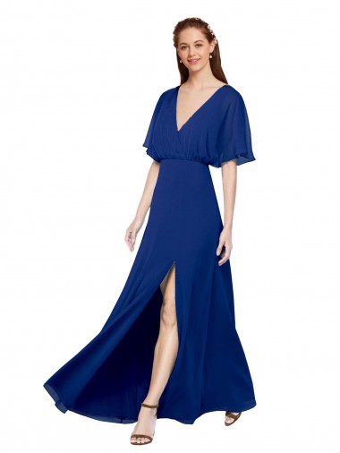 Comprar Linha A Decote V Chiffon Comprimento Chão Azul Real Longo Vestidos de Madrinha
