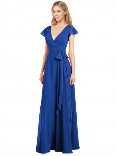 Comprar Linha A Decote V Chiffon Comprimento Chão Azul Real  Longo Vestidos de Madrinha