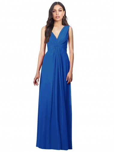 Comprar Linha A Decote V Chiffon Comprimento Chão Azul Real Costas em V Longo Vestidos de Madrinha