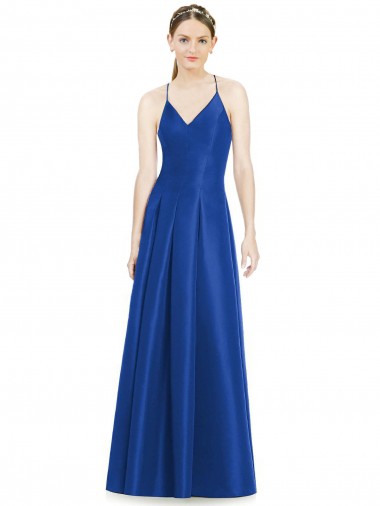 Comprar Linha A Decote V Cetim Comprimento Chão Azul Real Vestidos de Madrinha