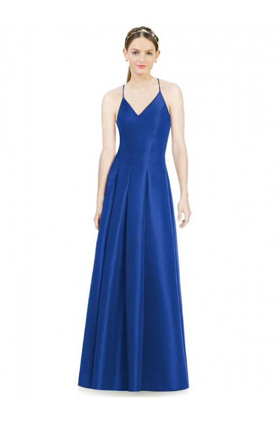 Comprar Linha A Decote V Cetim Comprimento Chão Azul Real Vestidos de Madrinha