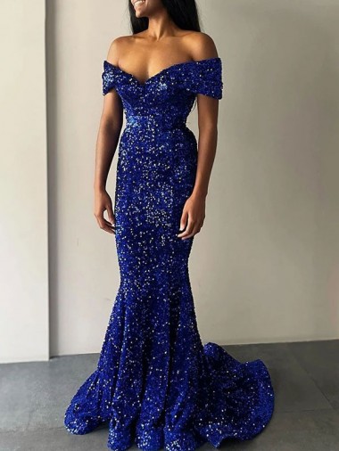 Comprar Sereia Fora do Ombro Lantejoulas Veludo Comboio Varredela Azul Real Vestidos de Festa
