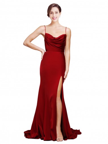 Comprar Bainha Decote Capuz Cetim Elástico Comboio Varredela Borgonha Vestidos de Madrinha / Vestidos de Noite / Vestidos de Festa