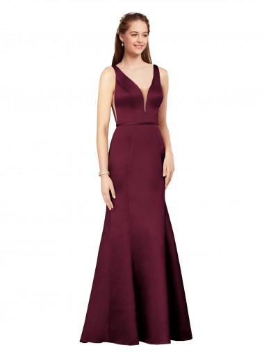 Comprar Bainha Decote V Cetim Comprimento Chão Borgonha Vestidos de Madrinha / Vestidos de Noite / Vestidos de Festa