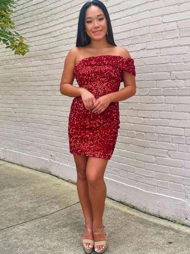 Comprar Bainha Um Ombro Lantejoulas Veludo Curto Borgonha Vestidos de Festa