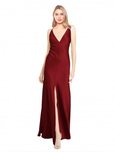 Comprar Linha A Decote V Cetim Elástico Comprimento Chão Borgonha Sem Mangas Vestidos de Madrinha / Vestidos de Noite / Vestidos de Festa