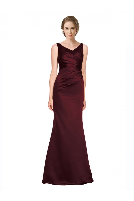 Comprar Linha A Decote V Cetim Comprimento Chão Borgonha Vestidos de Madrinha / Vestidos de Noite / Vestidos de Festa
