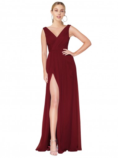 Comprar Linha A Decote Alto Chiffon Comprimento Chão Borgonha Vestidos de Madrinha / Vestidos de Noite / Vestidos de Festa