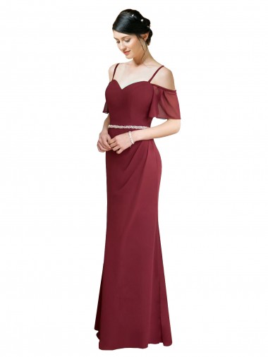 Comprar Linha A Amor Chiffon Comprimento Chão Borgonha Ombro Frio Longo Vestidos de Madrinha