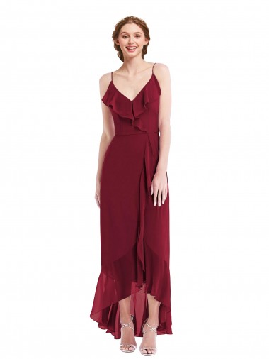 Comprar Linha A Decote V Chiffon Alto Baixo Borgonha Sem Mangas Alto Baixo, Vestidos de Madrinha