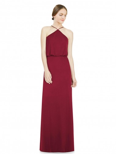 Comprar Linha A Cabeçada Chiffon Comprimento Chão Borgonha Abrir de volta Longo Vestidos de Madrinha
