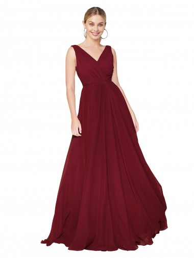 Comprar Linha A Decote Alto Chiffon Comprimento Chão Borgonha Sem Mangas Vestidos de Madrinha / Vestidos de Noite / Vestidos de Festa