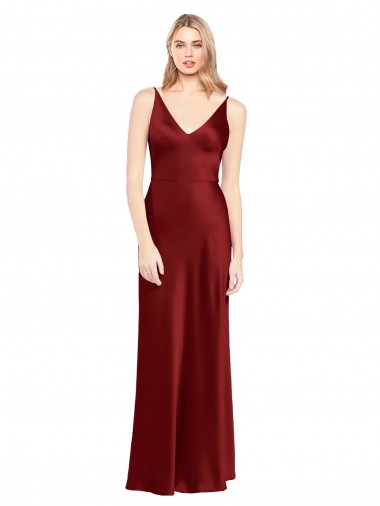 Comprar Linha A Decote V Cetim Elástico Comprimento Chão Borgonha Longo Vestidos de Madrinha / Vestidos de Noite / Vestidos de Festa