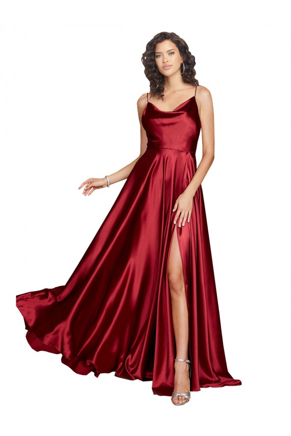 Comprar Linha A Decote Capuz Cetim Sedoso Comprimento Chão Borgonha Vestidos de Madrinha / Vestidos de Noite / Vestidos de Festa