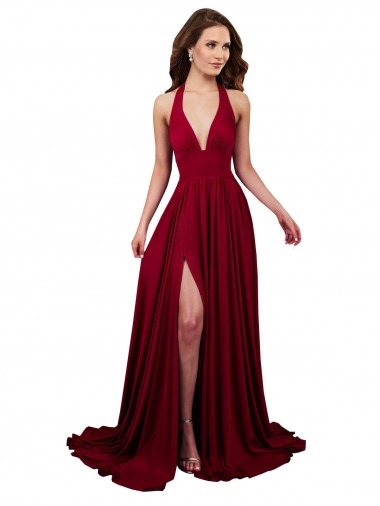 Comprar Linha A Decote V Spandex Comprimento Chão Borgonha Vestidos de Madrinha / Vestidos de Noite / Vestidos de Festa