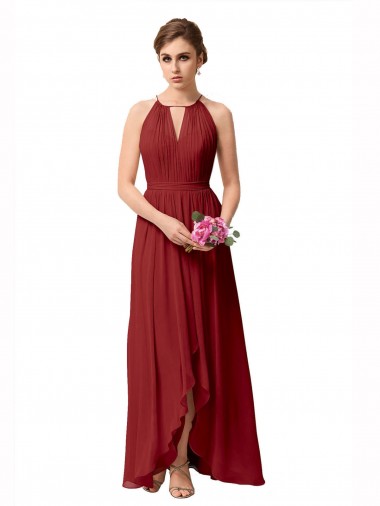 Comprar Linha A Decote Alto Chiffon Alto Baixo Borgonha Alto Baixo, Vestidos de Madrinha