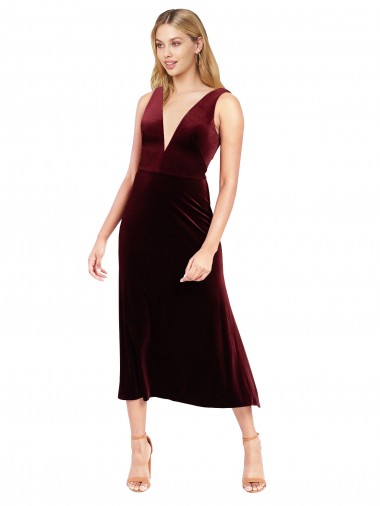 Comprar Linha A Decote V Veludo Elástico Comprimento Midi Borgonha Vestidos de Madrinha / Vestidos de Festa / Vestidos de Cocktail / Vestidos de Homecoming