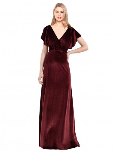 Comprar Linha A Decote V Veludo Elástico Comprimento Chão Borgonha Vestidos de Madrinha / Vestidos de Festa
