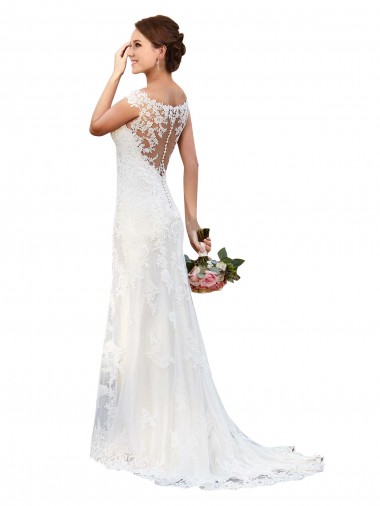 Comprar Bainha Decote Ilusão Renda Comboio Capela Branco Vestidos de Noiva