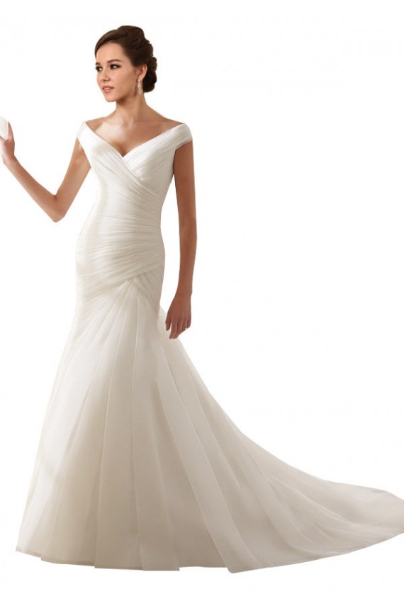 Comprar Bainha Fora do Ombro Tule Comboio Capela Branco Vestidos de Noiva