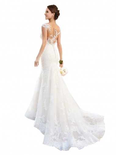 Comprar Sereia Decote Ilusão Renda Comboio Capela Branco Vestidos de Noiva