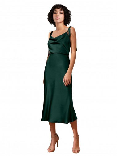 Comprar Bainha Decote Capuz Cetim Elástico Comprimento Midi Caçador Verde Vestidos de Madrinha / Vestidos de Noite / Vestidos de Festa / Vestidos de Cocktail / Vestidos de Homecoming