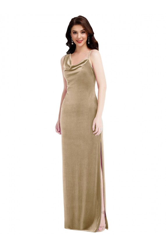 Comprar Bainha Um Ombro Veludo Elástico Comprimento Chão Champanhe Vestidos de Madrinha / Vestidos de Noite / Vestidos de Festa